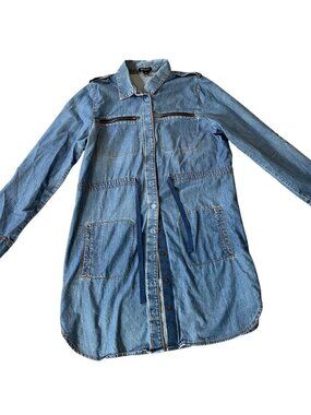 Ronson Denim Long-Sleeve Button-Up Tunic Pockets Casual Shirt Dress Medium